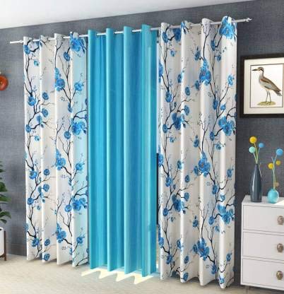 Eyelet Modern Long Crush Floral Printed Polyester Window Curtains, (Set of 3, Blue, Window_5 Ft)