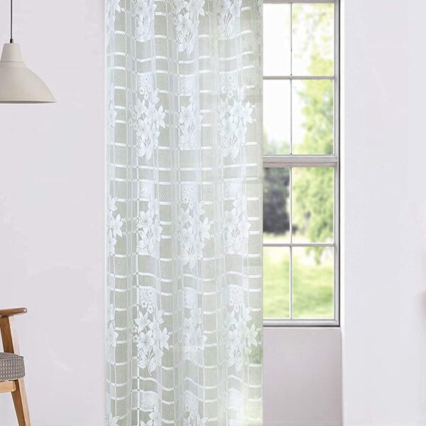 Polyester Blend Floral Net Tissue Drape Grommet Ring Sheer Curtains - Pack of 1 (White, 5 Feet - Window)