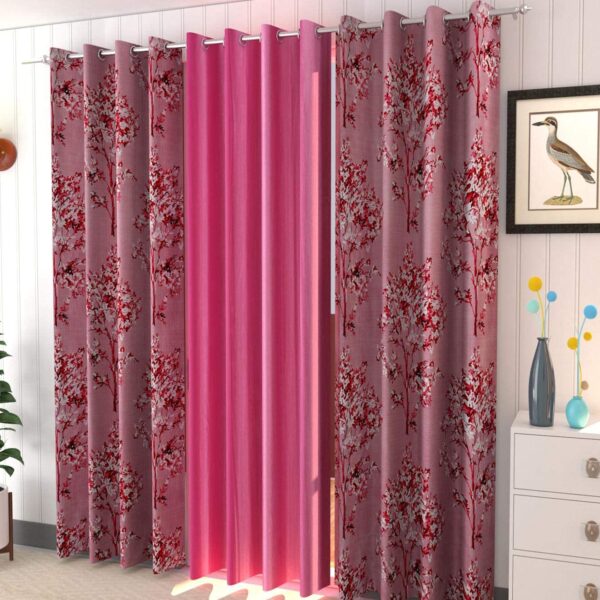 Polyester Floral Curtain, Window - 5 Feet, Pink, Pack of 3