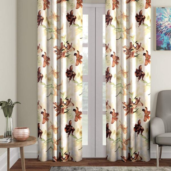 Polyester Floral Printed Long Door Curtains, Long Door - 9 Feet, Brown, Pack of 2