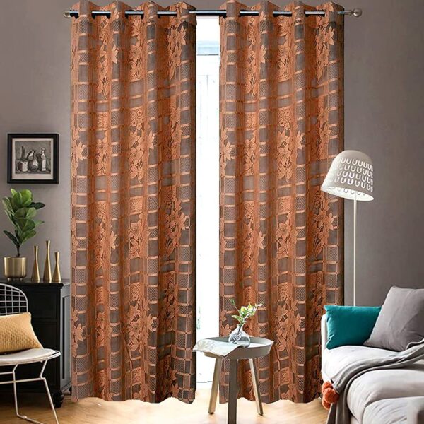 Polyester Blend Floral Net Tissue Drape Grommet Ring Sheer Curtains - Pack of 2 (Brown, 5 Feet - Window)