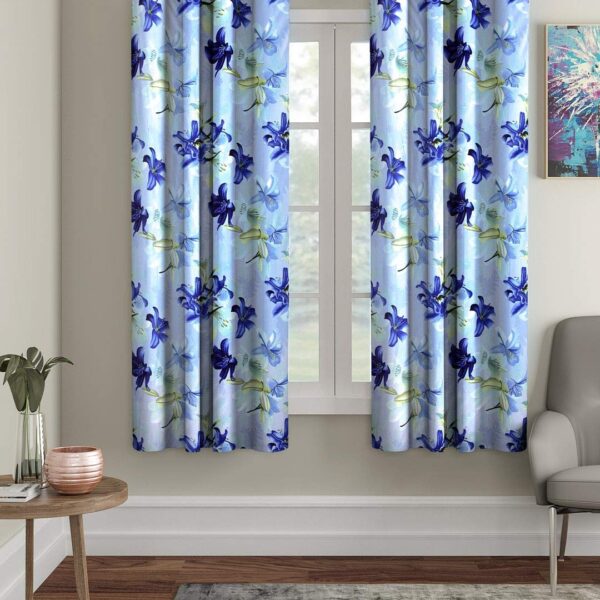 Polyester Floral Printed Window Curtains, Window - 5 Feet, Blue, Pack of 2
