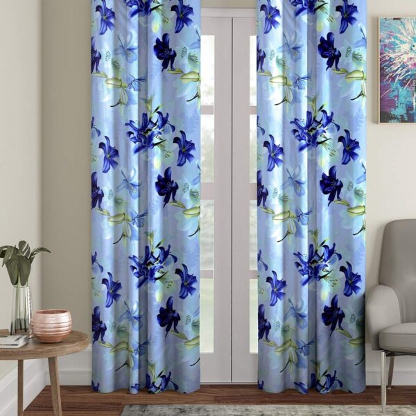Polyester Floral Printed Long Door Curtains, Long Door - 9 Feet, Blue, Pack of 2
