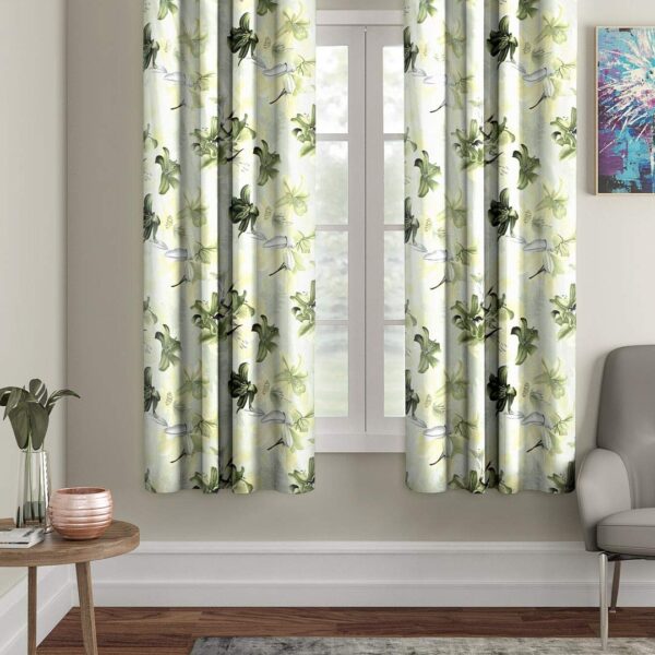 Polyester Floral Printed Window Curtains, Window - 5 Feet, Green, Pack of 2