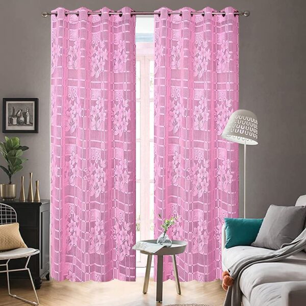 Polyester Blend Floral Net Tissue Drape Grommet Ring Sheer Curtains - Pack of 2 (Pink, 5 Feet - Window)