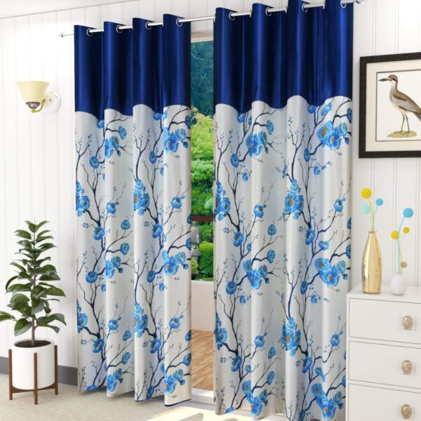 Elegant Flower Print Long Crush Polyester Curtains for Door, Blue Patch, 7 Feet, Pack of 2