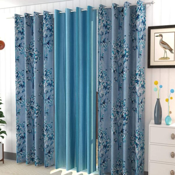 Floral Curtains For Long Door 9Feet Pack Of 3 - Polyester Curtain Panel For Living Room Bedroom & Hall - 1 Plain & 2 Printed Grommet Curtains Drapes For Home Kitchen & Office, 9 Feet, Blue
