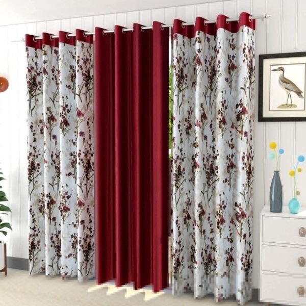 Floral Patch Curtains For Window 5Feet Pack Of 3 - Polyester Curtain Panel For Living Room Bedroom & Hall - 1 Plain & 2 Printed Grommet Curtains Drapes For Home Kitchen & Office, 5 Feet, Maroon