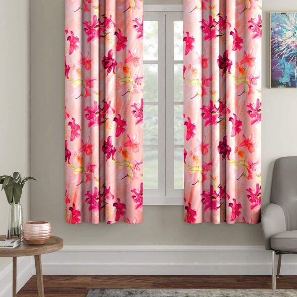 Polyester Flower Printed Window Curtains for Home, Window - 5 Feet, Pink, Pack of 2