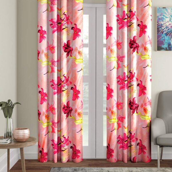 Polyester Floral Printed Long Door Curtains, Long Door - 9 Feet, Pink, Pack of 2