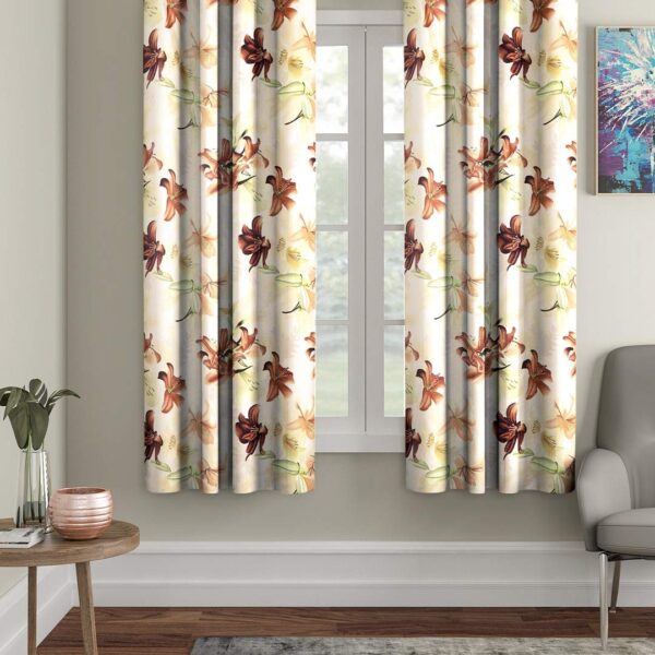 Polyester Flower Printed Window Curtains for Home, Window - 5 Feet, Brown, Pack of 2