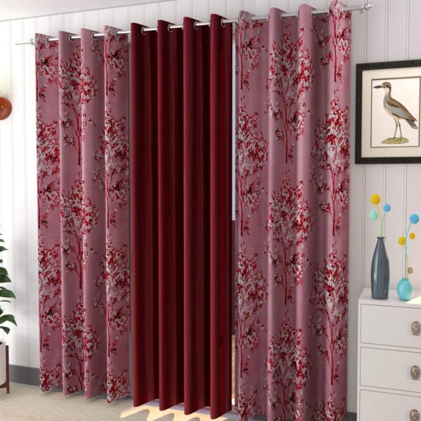 Polyester Floral Grommet Curtains, Window - 5 Feet, Maroon, Pack Of 3