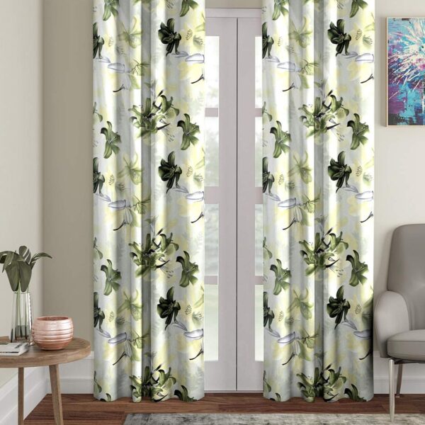 Polyester Flower Printed Long Door Curtains for Living Room, Long Door - 9 Feet, Green, Pack of 2