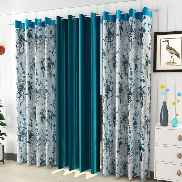 Floral Curtains For Door 7Feet Pack Of 3 Polyester Curtain Panel For Living Room Bedroom & Hall - 1 Plain & 2 Printed Grommet Curtains Drapes For Home Kitchen & Office, 7 Feet, Aqua