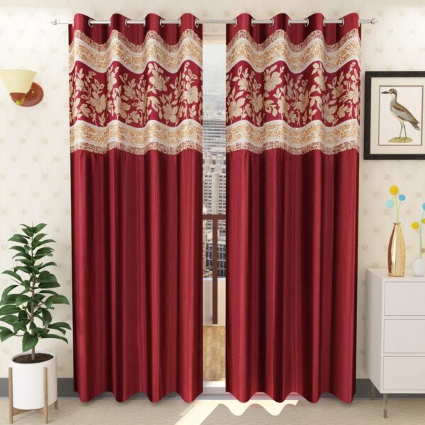 Flower Printed Patch Work Maroon Small Window Curtains, 5 feet Set of 2