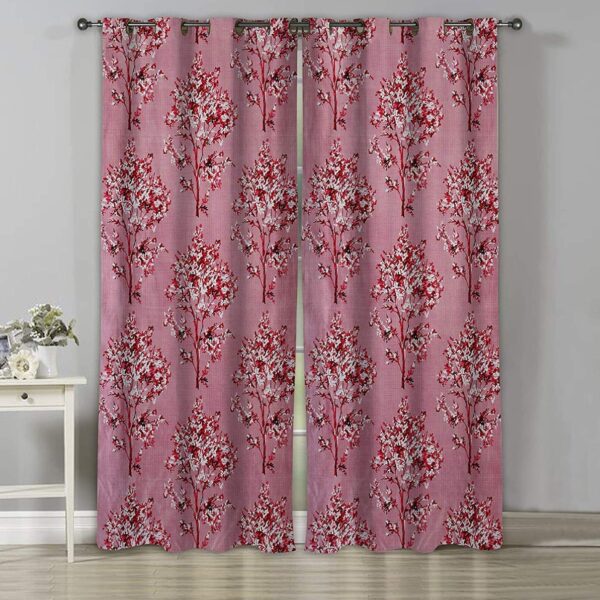 Digital Printed Heavy Polyester Long Crush Tree Print Eyelet Window Curtains, Maroon, 5 feet, Set of 2