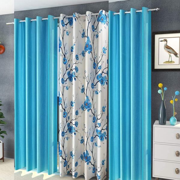 Polyester Floral Grommet Curtains, Window - 5 Feet, Blue, Pack Of 3