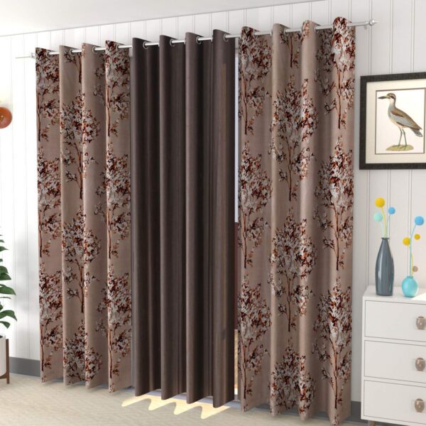 Long Crush Flower Print Eyelet Curtains Set of 3 (Long Door - 9 feet, 2 Coffee Tree + 1 Plain, Eyelet;Blackout)