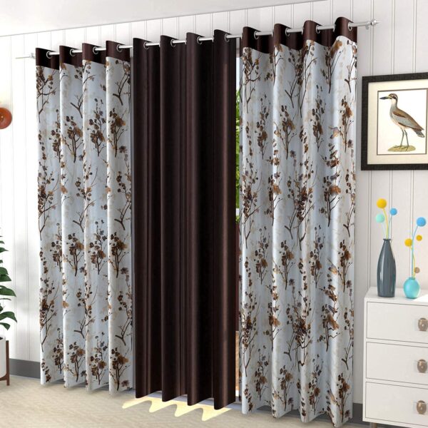 Floral Patch Curtains For Window 5Feet Pack Of 3 - Polyester Curtain Panel For Living Room Bedroom & Hall - 1 Plain & 2 Printed Grommet Curtains Drapes For Home Kitchen & Office, 5 Feet, Brown