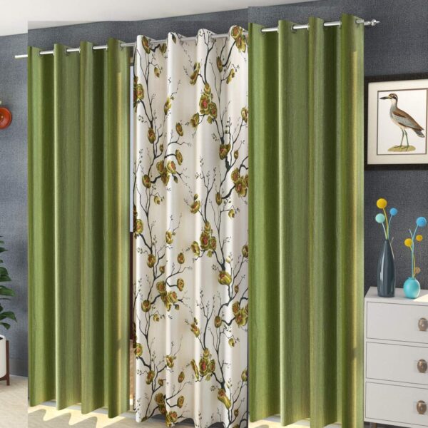 3 Piece Combination Polyester Grommet Curtains For Long Door 9 Feet (Green -2 Plain + 1 Printed, Window - 9 Feet)