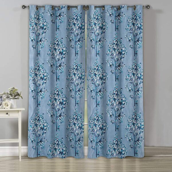 Digital Printed Heavy Polyester Long Crush Tree Print Eyelet Window Curtains, Blue, 5 feet, Set of 2