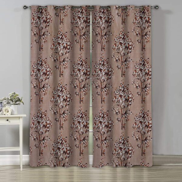 Digital Printed Heavy Polyester Long Crush Tree Print Eyelet Window Curtain, Brown, 5 feet, Set of 2pcs