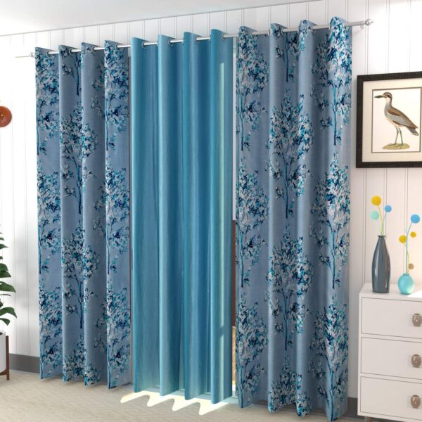 Long Crush Floral Print Eyelet Curtains Set of 3 (Window - 5 feet, 2 Aqua Tree + 1 Plain, Eyelet;Blackout)