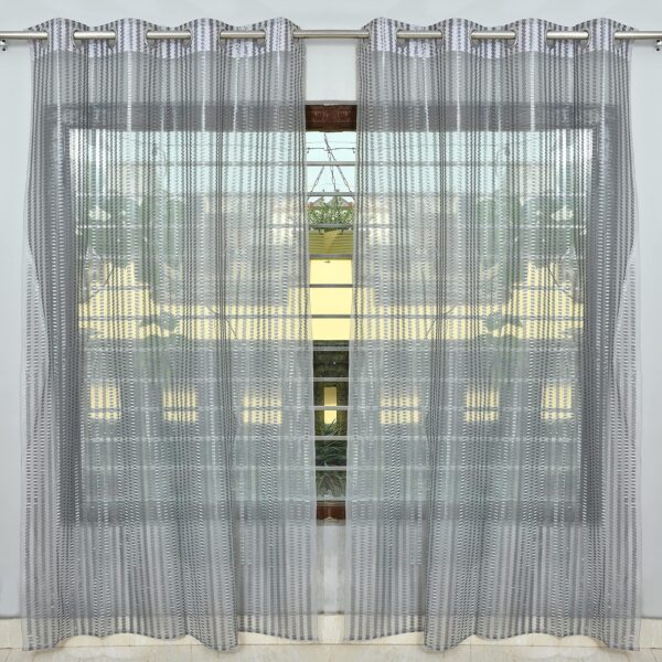 Polyester Linen Transparent Solid Zig-Zag Sheer Net Curtain Set with Eyelet Rings Tissue Net Sheer Window Curtains, Grey, 5 Feet, Pack of 2
