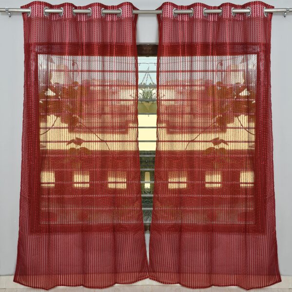 Polyester Linen Transparent Solid Zig-Zag Sheer Curtains Set with Eyelet Rings Tissue Net Door Curtains, Maroon, 5 Feet (153 cm), Pack of 2