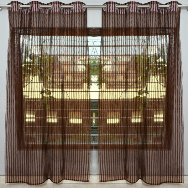 Polyester Linen Transparent Solid Zig-Zag Sheer Curtains Set with Eyelet Rings Tissue Net Window Curtains, Brown, 5 Feet (153 cm), Pack of 2